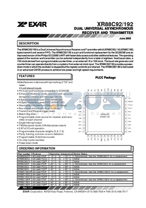 XR88C192CV datasheet - DUAL UNIVERSAL ASYNCHRONOUS RECEIVER AND TRANSMITTER