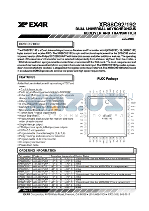 XR88C192IJ datasheet - DUAL UNIVERSAL ASYNCHRONOUS RECEIVER AND TRANSMITTER