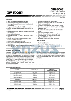 XR88C681N/40 datasheet - CMOS Dual Channel UART (DUART)