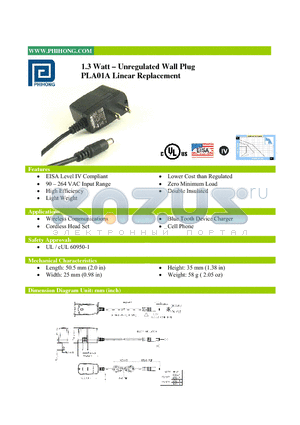 PLA01A-050-R datasheet - 1.3 Watt - Unregulated Wall Plug