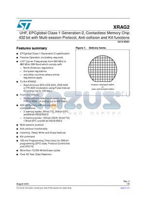 XRAG2-SBN18I datasheet - UHF, EPCglobal Class-1 Generation-2, Contactless Memory Chip 432 bit with Multi-session Protocol, Anti-collision and Kill functions