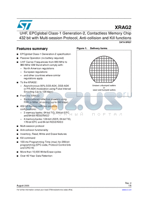 XRAG2-W4I datasheet - UHF, EPCglobal Class-1 Generation-2, Contactless Memory Chip 432 bit with Multi-session Protocol, Anti-collision and Kill functions