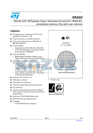 XRAG2_08 datasheet - 432-bit UHF, EPCglobal Class1 Generation2 and ISO 18000-6C, contactless memory chip with user memory