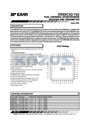 XR88C92CJ datasheet - DUAL UNIVERSAL ASYNCHRONOUS RECEIVER AND TRANSMITTER