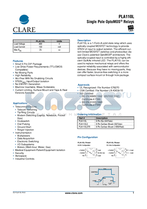 PLA110L datasheet - Single Pole OptoMOS Relays