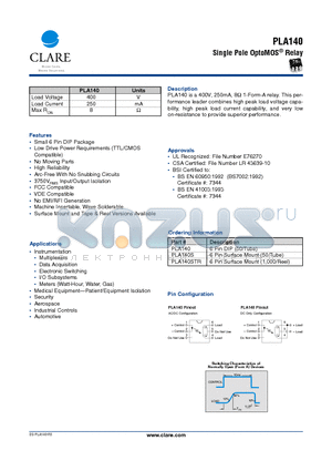PLA140STR datasheet - Single Pole OptoMOS Relay