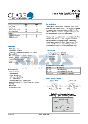 PLA170STR datasheet - Single Pole OptoMOS Relay