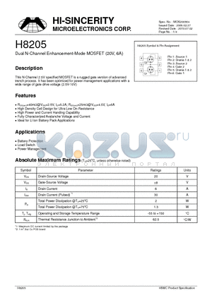 H8205 datasheet - Dual N-Channel Enhancement-Mode MOSFET (20V, 6A)