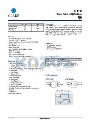 PLA190STR datasheet - Single Pole OptoMOS Relay