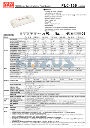 PLC-100-24 datasheet - 100W Single Output Switching Power Supply