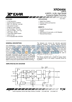 XRD6406AID datasheet - CMOS 6 MSPS, 10-Bit, High Speed Analog-to-Digital Converter