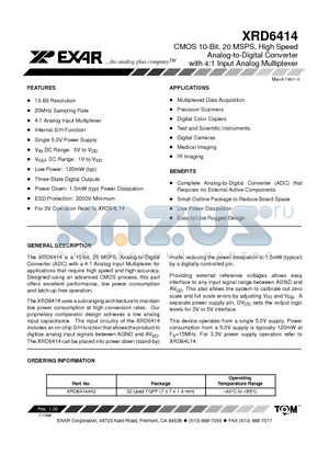 XRD6414AIQ datasheet - CMOS 10-Bit, 20 MSPS, High Speed Analog-to-Digital Converter with 4:1 Input Analog Multiplexer