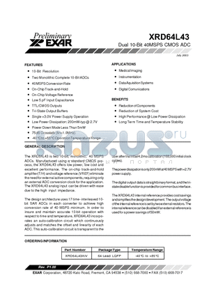 XRD64L43 datasheet - Dual 10-Bit 40MSPS CMOS ADC