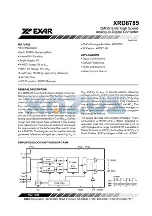 XRD8785AID datasheet - CMOS 8-Bit High Speed Analog-to-Digital Converter