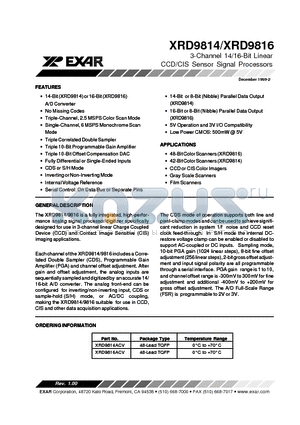 XRD9814ACV datasheet - 3-Channel 14/16-Bit Linear CCD/CIS Sensor Signal Processors