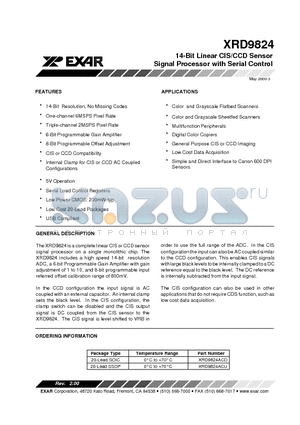 XRD9824ACU datasheet - 14-Bit Linear CIS/CCD Sensor Signal Processor with Serial Control