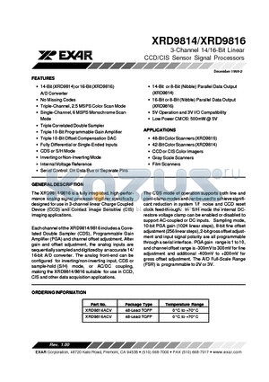 XRD9816ACV datasheet - 3-Channel 14/16-Bit Linear CCD/CIS Sensor Signal Processors