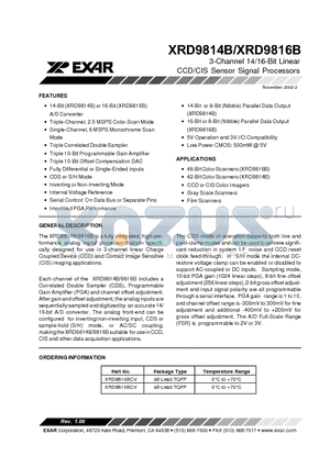 XRD9816B datasheet - 3-Channel 14/16-Bit Linear CCD/CIS Sensor Signal Processors