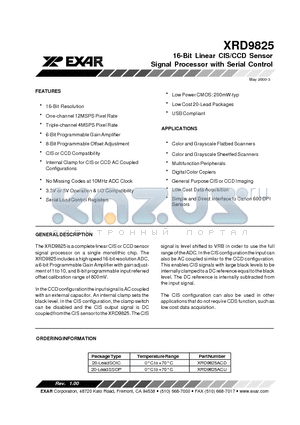 XRD9825 datasheet - 16-Bit Linear CIS/CCD Sensor Signal Processor with Serial Control