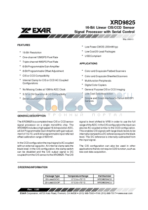 XRD9825ACU datasheet - 16-Bit Linear CIS/CCD Sensor Signal Processor with Serial Control