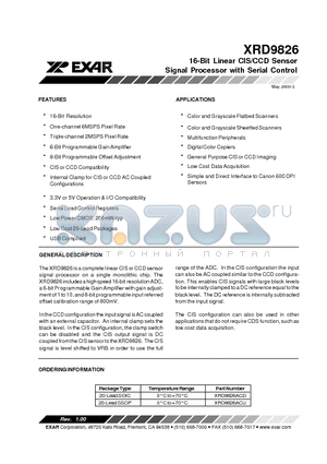 XRD9826ACD datasheet - 16-Bit Linear CIS/CCD Sensor Signal Processor with Serial Control