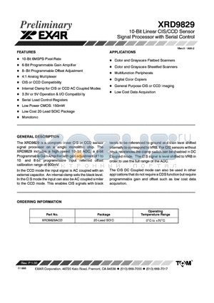 XRD9829ACD datasheet - 10-Bit Linear CIS/CCD Sensor Signal Processor with Serial Control