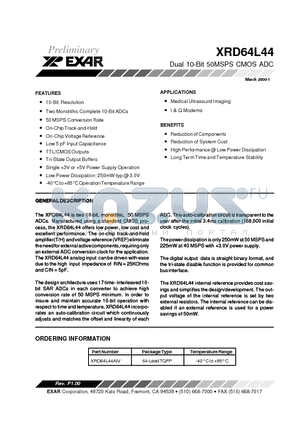 XRD64L44AIV datasheet - Dual 10-Bit 50MSPS CMOS ADC