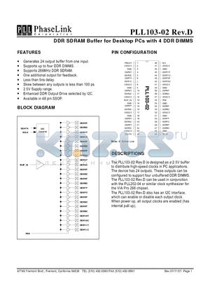 PLL103-02D datasheet - DDR SDRAM Buffer for Desktop PCs with 4 DDR DIMMS