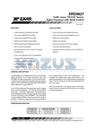 XRD9827ACU datasheet - 12-Bit Linear CIS/CCD Sensor Signal Processor with Serial Control