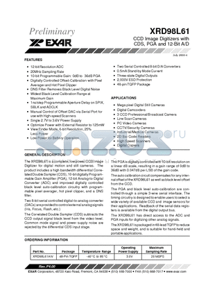 XRD98L61 datasheet - CCD Image Digitizers with CDS, PGA and 12-Bit A/D