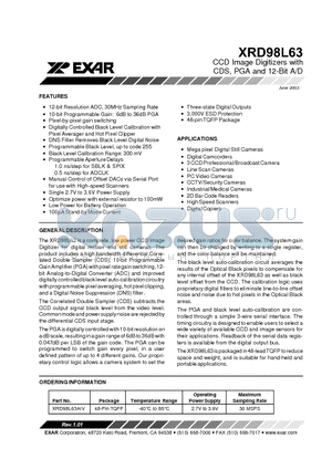 XRD98L63 datasheet - CCD Image Digitizers with CDS, PGA and 12-Bit A/D