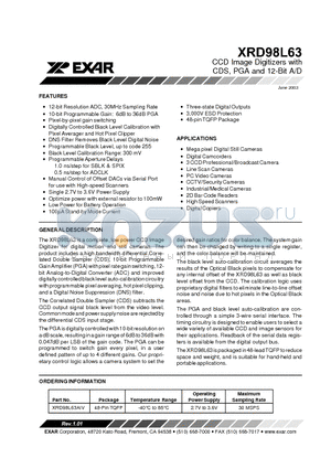 XRD98L63AIV datasheet - CCD Image Digitizers with CDS, PGA and 12-Bit A/D