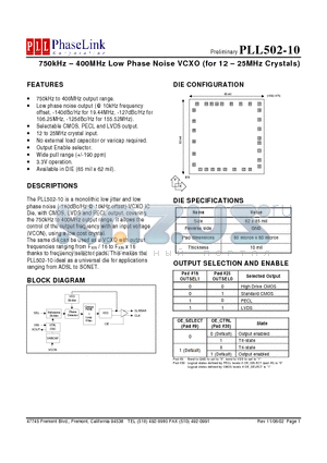 PLL502-10DM datasheet - 750kHz - 400MHz Low Phase Noise VCXO (for 12 - 25MHz Crystals)