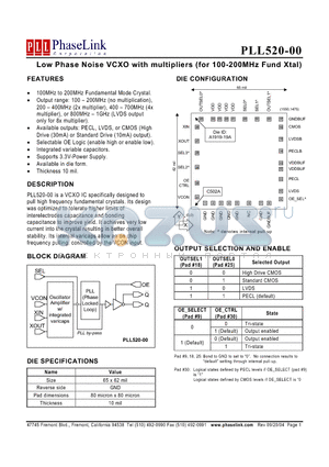 PLL520-00DC datasheet - Low Phase Noise VCXO with multipliers (for 100-200MHz Fund Xtal)