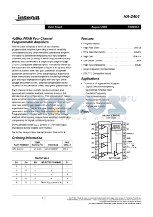 HA-2404 datasheet - 40MHz, PRAM Four Channel Programmable Amplifiers