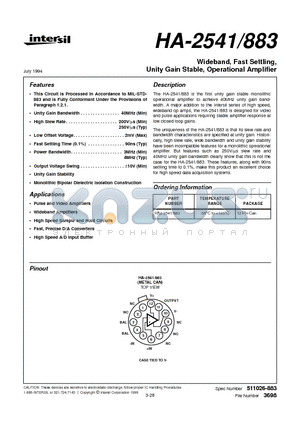 HA-2541/883 datasheet - Wideband, Fast Settling, Unity Gain Stable, Operational Amplifier