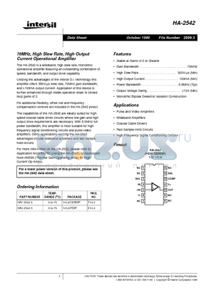 HA-2542 datasheet - 70MHz, High Slew Rate, High Output Current Operational Amplifier