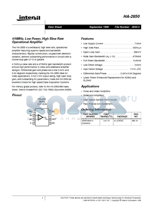 HA-2850 datasheet - 470MHz, Low Power, High Slew Operational Amplifier