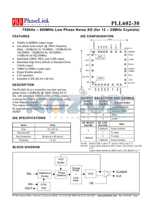 PLL602-30 datasheet - 750kHz - 800MHz Low Phase Noise XO (for 12 - 25MHz Crystals)