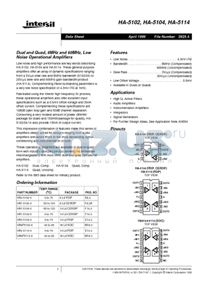 HA-5104 datasheet - Dual and Quad, 8MHz and 60MHz, Low Noise Operational Amplifiers