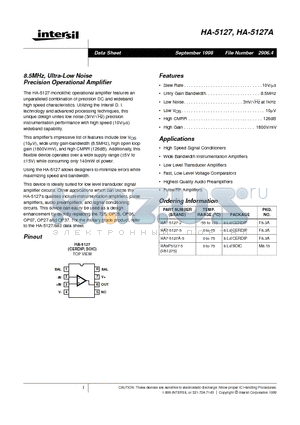 HA-5127 datasheet - 8.5MHz, Ultra-Low Noise Precision Operational Amplifier