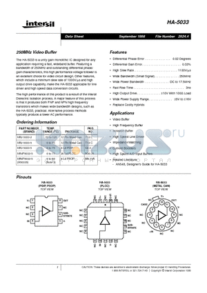 HA-5033 datasheet - 250MHz Video Buffer