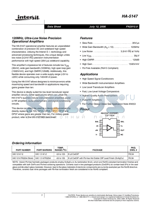 HA-5147 datasheet - 120MHz, Ultra-Low Noise Precision Operational Amplifiers