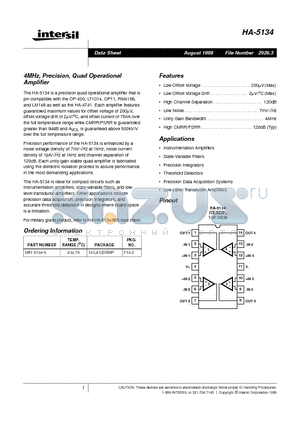 HA-5134 datasheet - 4MHz, Precision, Quad Operational Amplifier