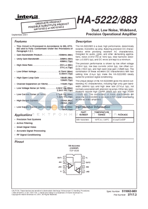 HA-5222_01 datasheet - Dual, Low Noise, Wideband, Precision Operational Amplifier