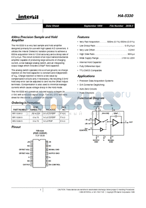 HA1-5330-5 datasheet - 650ns Precision Sample and Hold Amplifier