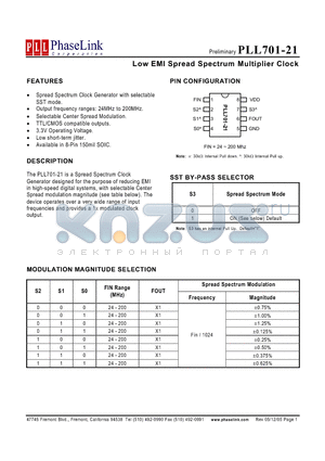 PLL701-21SC datasheet - Low EMI Spread Spectrum Multiplier Clock