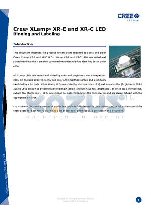 XREROY-L1-0000-00A01 datasheet - XLamp XR-E and XR-C LED Binning and Labeling
