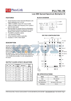 PLL701-50DI datasheet - Low EMI Spread Spectrum Multiplier IC