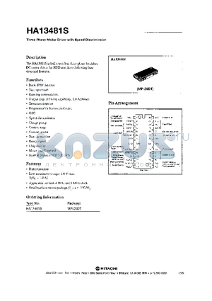 HA13481S datasheet - THREE PHASE MOTOR WITH SPEED DISCRIMINATOR